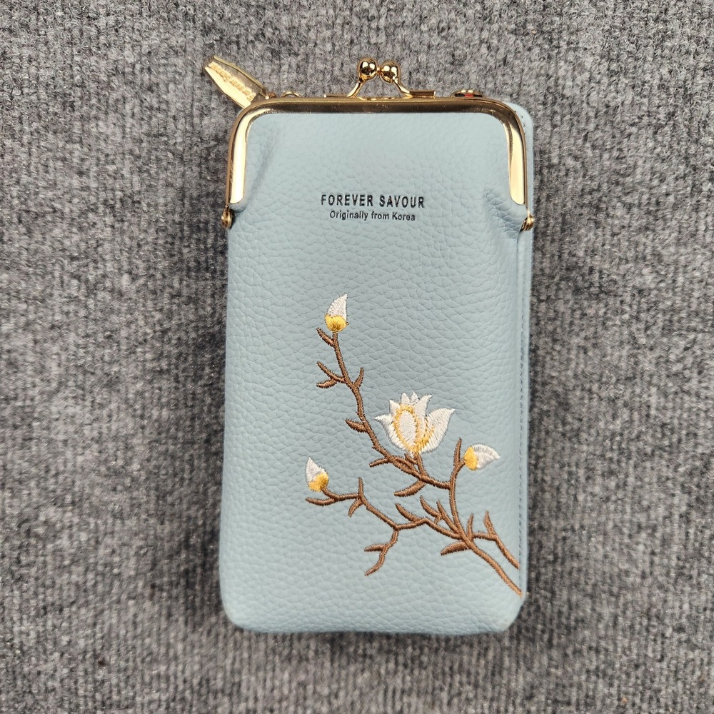 Forever Savour Light Blue Floral Embroidered Crossbody Phone Bag Wallet‎ Purse